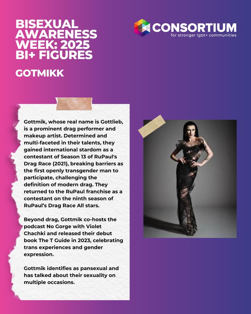 This image has a pink, purple and dark blue coloured background. There is a picture of a person. The white text reads: Bisexual Awareness Week: Bi+ Figures 2025, Gotmikk.

Gottmik, whose real name is Gottlieb, is a prominent drag performer and makeup artist. Determined and multi-faceted in their talents, they gained international stardom as a contestant of Season 13 of RuPaul's Drag Race (2021), breaking barriers as the first openly transgender man to participate, challenging the definition of modern drag. They returned to the RuPaul franchise as a contestant on the ninth season of RuPaul’s Drag Race All stars.

Beyond drag, Gottmik co-hosts the podcast No Gorge with Violet Chachki and released their debut book The T Guide in 2023, celebrating trans experiences and gender expression.

Gottmik identifies as pansexual and has talked about their sexuality on multiple occasions.