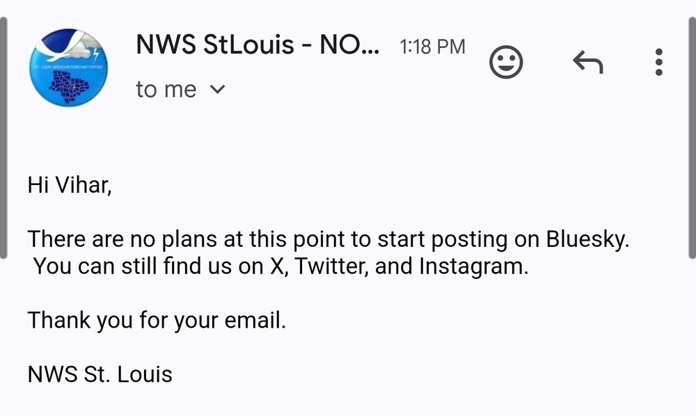 Screenshot of an email that says there are no plans for NWS St. Louis to post on Bluesky. 