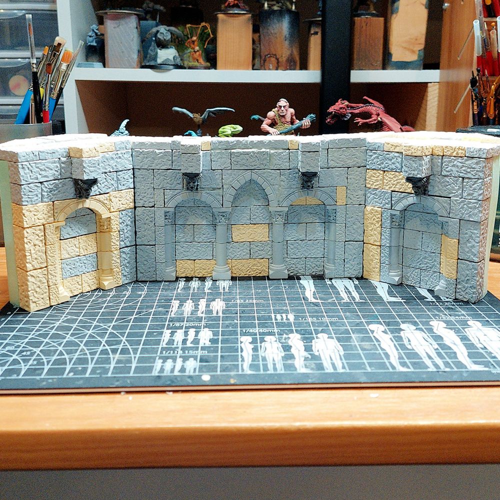 Hirst Arts gothic blocks backdrop, unpainted WIP, on a hobby desk