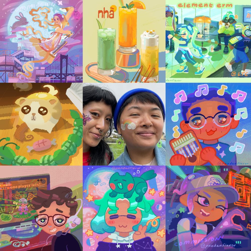 3x3 grid art summary for 2024! at the center its a selfie of me and santol (my partner)