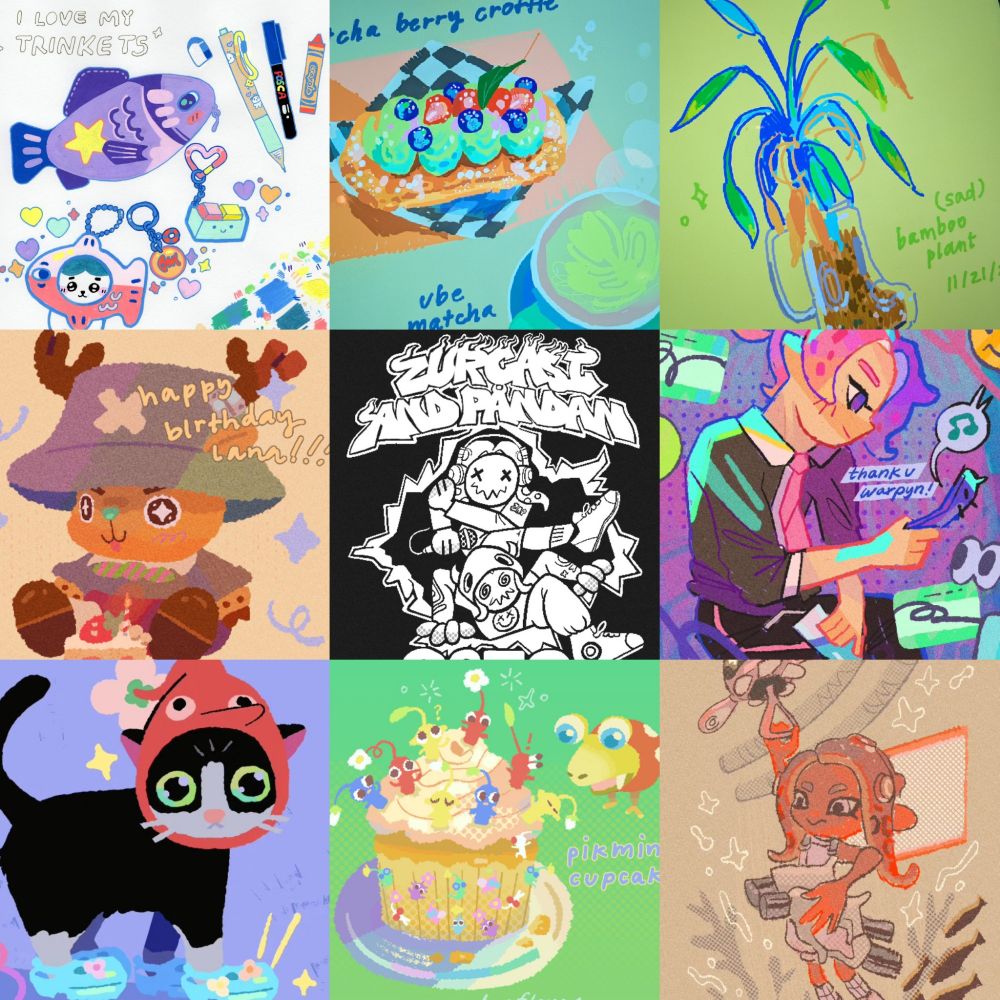 3x3 grid art summary of sketches that i liked :)