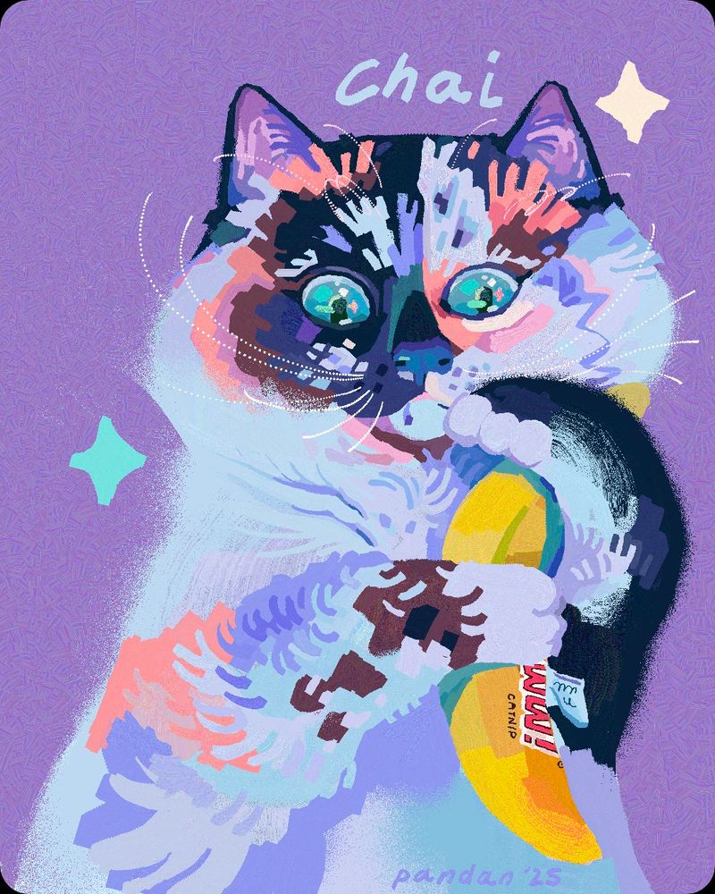 pet portrait of my friend's cat chai! she's holding her banana catnip toy and her bright blue eyes are widened with excitement 