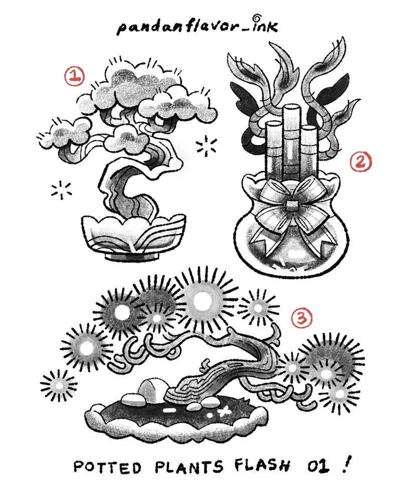 text says potted plants flash sheet 01. #1 is a bonsai plant, #2 is a bamboo plant, #3 is a pine bonsai.