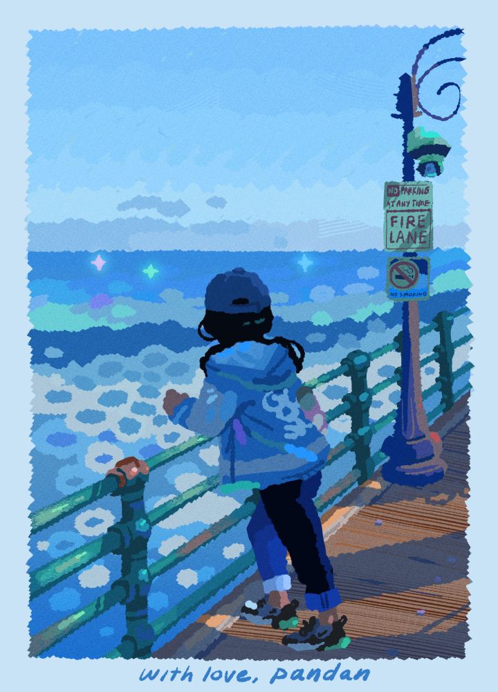 mellana looking at the ocean on the santa monica pier
