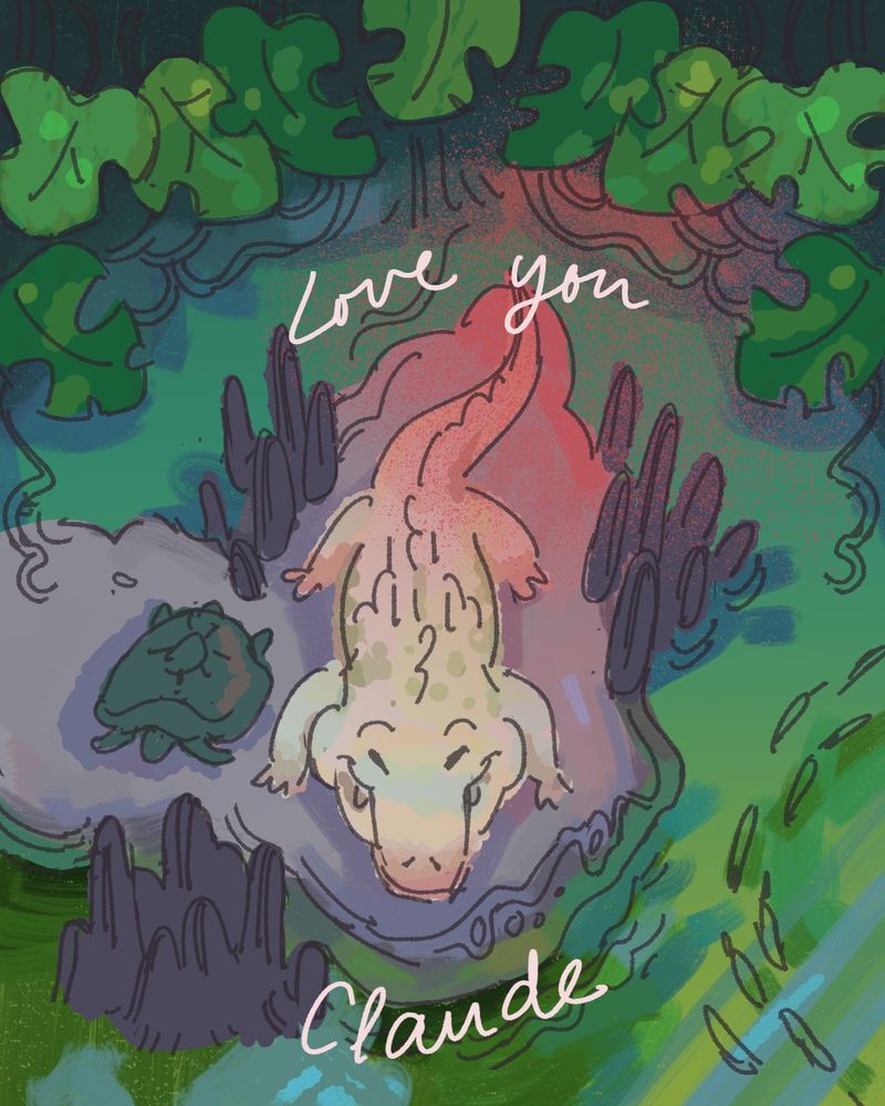 claude the albino alligator and his turtle friend lay on his heated rock. text says "love you claude"