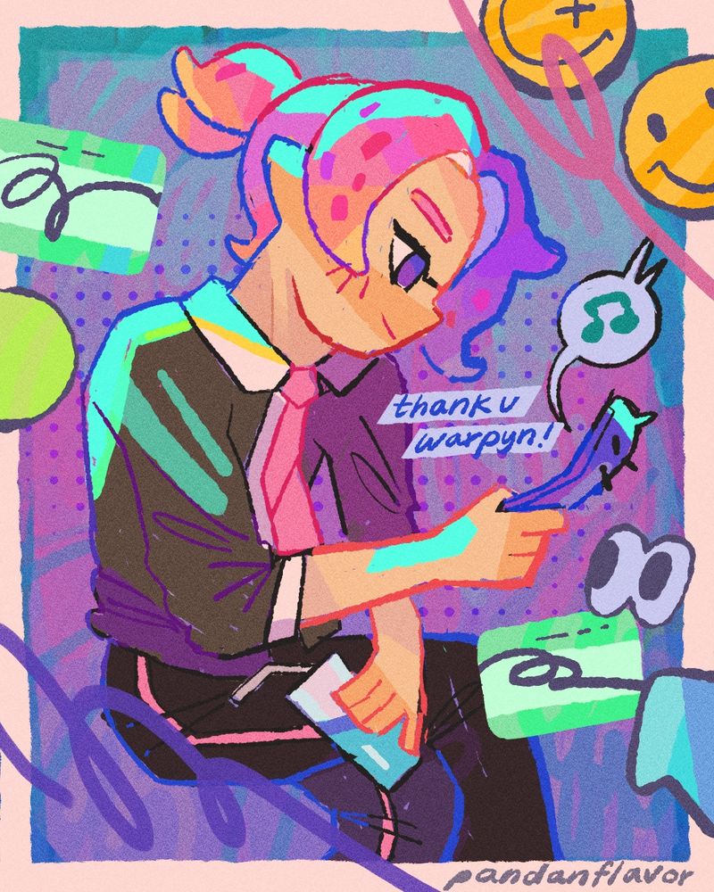 drawing for warpyn! their oc sits while checking their sea cucumber phone 
