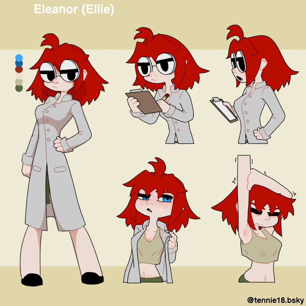 Drawing Reference of Ellie, my OC. Complete with a fullbody drawing on the left and four bust shots of her to the right.
First one she's writing into her clipboard.
Second one she's giving a side-eye while still holding the clipboard.
Third one she's flushed, sweaty, and taking off her lab coat.
Fourth one she's stretching without her lab coat on.