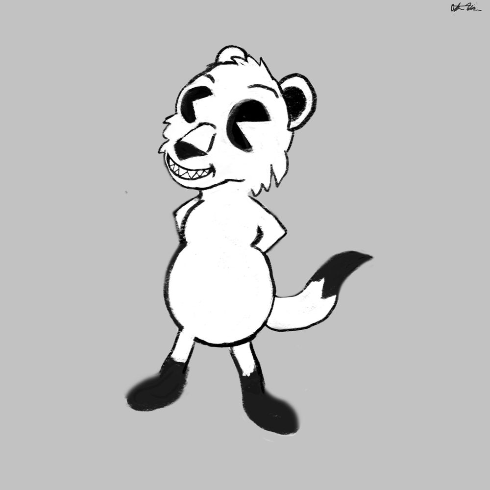 An anthromorphic, little, weasel drawn in the style of a 1920s cartoon. He has a white body with a black feet and a black patch at the back of his tail.