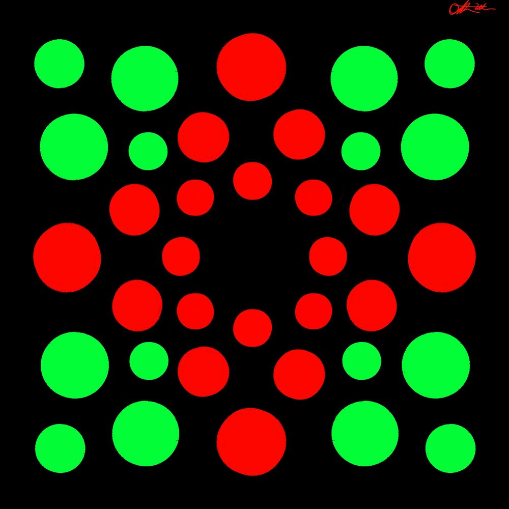 An image of red, and green, dots against a black, background. With corners pointed at the middle of each side of the canvas, the red dots form a diamond in the center of the image. At the corners of this diamond are large, red, dots which are connected together by two, slightly smaller, red, dots. Finally, within this diamond is a parallel, ring of eight, even smaller, red, dots.

In the corners of the canvas there are four sets of green, dots, which consist of four dots each, that form into diamonds. As with the red dots, there are four sizes. The smallest point to the middles of the sides of the larger, red, diamond. Pointing to the corners of the canvas are singular, slightly, larger dots. Finally there are two larger, dots that form the edges of each respective green diamond.