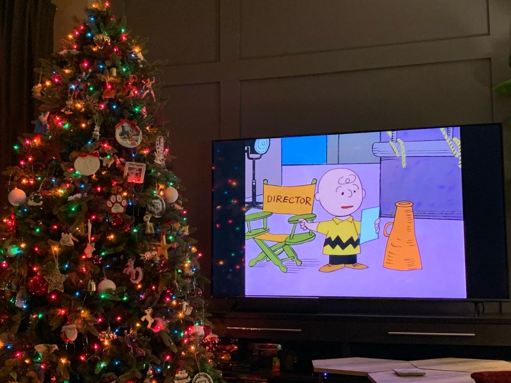 Animated Charlie Brown Christmas special on the television next to a decorated tree, sliding into the holiday spirit. 