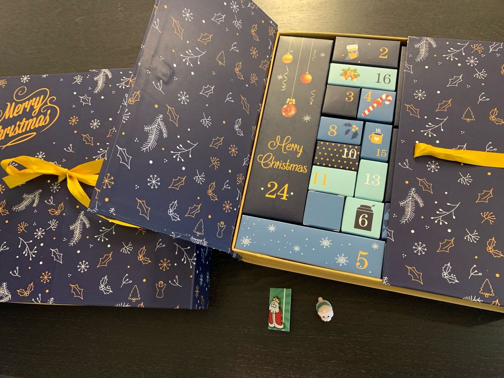 Advent calendar - numbered boxes holding mostly cheap toys with an occasional Homestar Runner character pin. 
