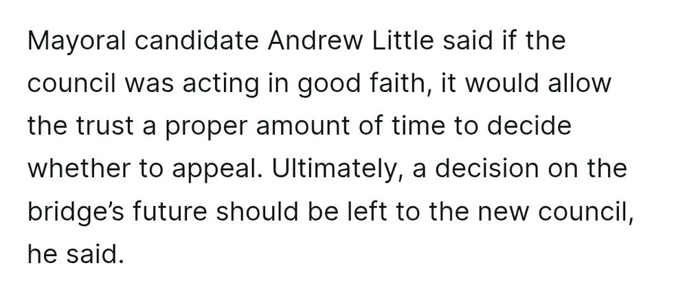 Mayoral candidate Andrew Little said if the council was acting in good faith, it would allow the trust a proper amount of time to decide whether to appeal. Ultimately, a decision on the bridge’s future should be left to the new council, he said.
