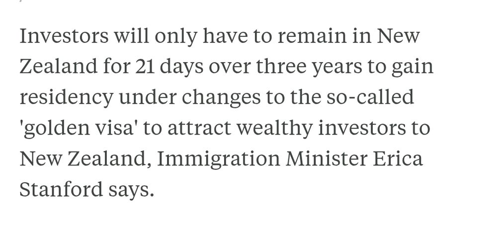 Investors will only have to remain in New Zealand for 21 days over three years to gain residency under changes to the so-called 'golden visa' to attract wealthy investors to New Zealand, Immigration Minister Erica Stanford says.