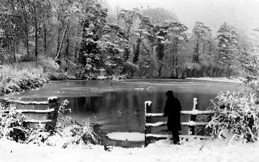 A black and white photo of a mill pond surrounded by trees in the background. In the foreground is a broken fence with a young boy standing next to it. 