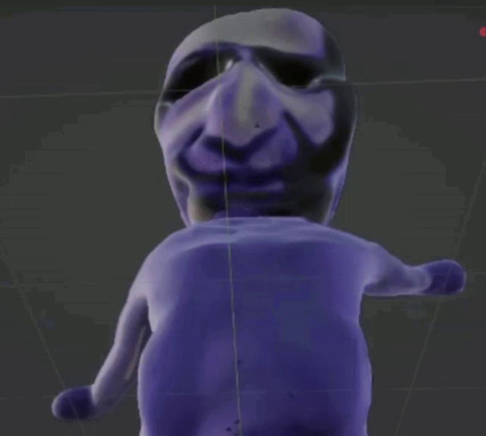 a 3d model of a purple monster with a gray face