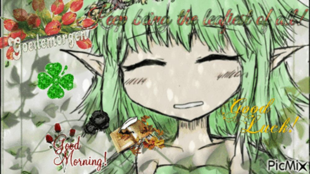 a drawing of a girl with green hair and the words " good morning "