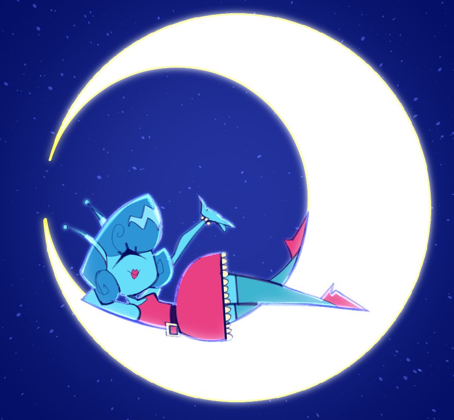 Character laying down on the moon.