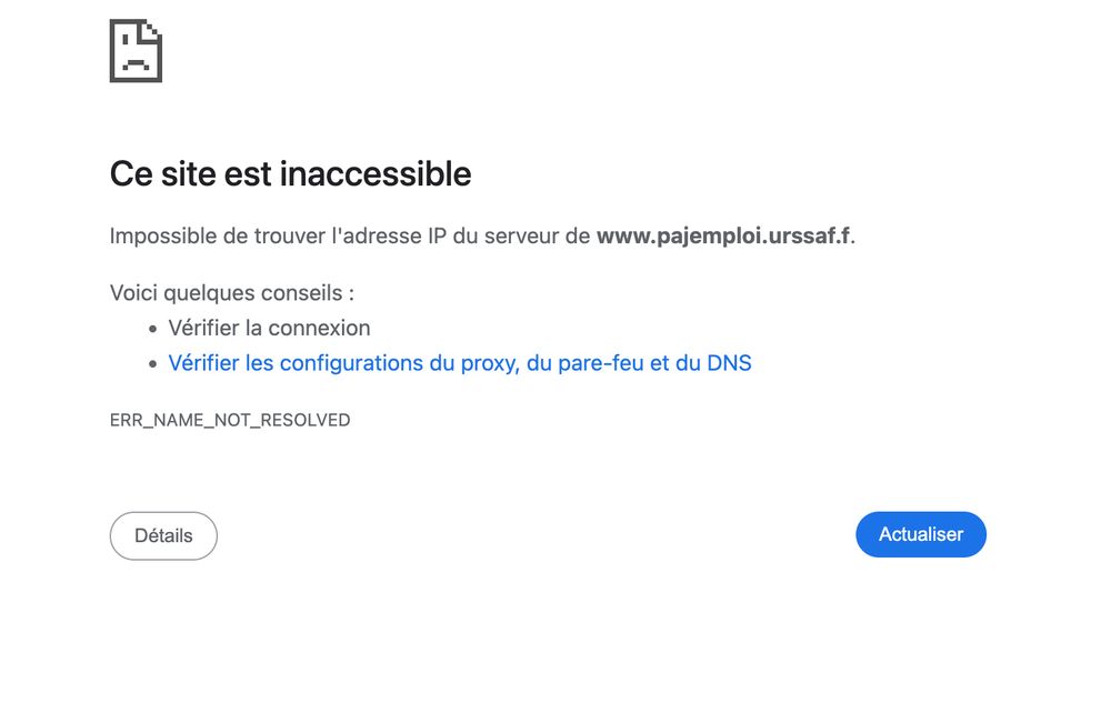 c'est une copie d'écran qui montre que le site de Paje emploi ne fonctionne pas