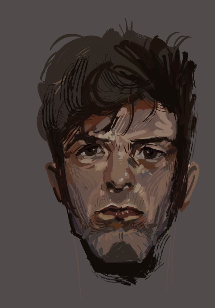 portrait d'un homme d'age moyen sur fond gris taupe avec beaucoup de brush work