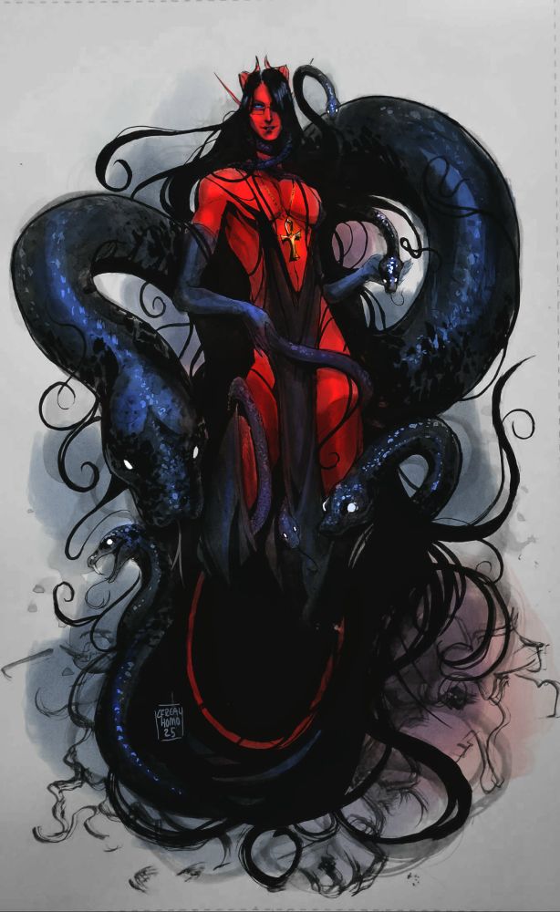 Red androgynous Tiefling man wreated in snakes and black tendrils, wearing an ankh symbol.