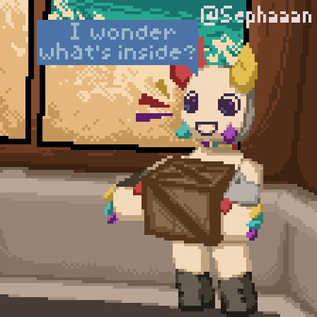 Prototype is excitedly holding a crate as he explains "I wonder what's inside?"