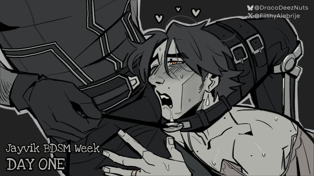 Viktor with his face pressed against Jayce's crotch, he seems completely drunk with desire, he is wearing lingerie and a collar which Jayce is pulling lightly by the leash to keep Viktor in his place.