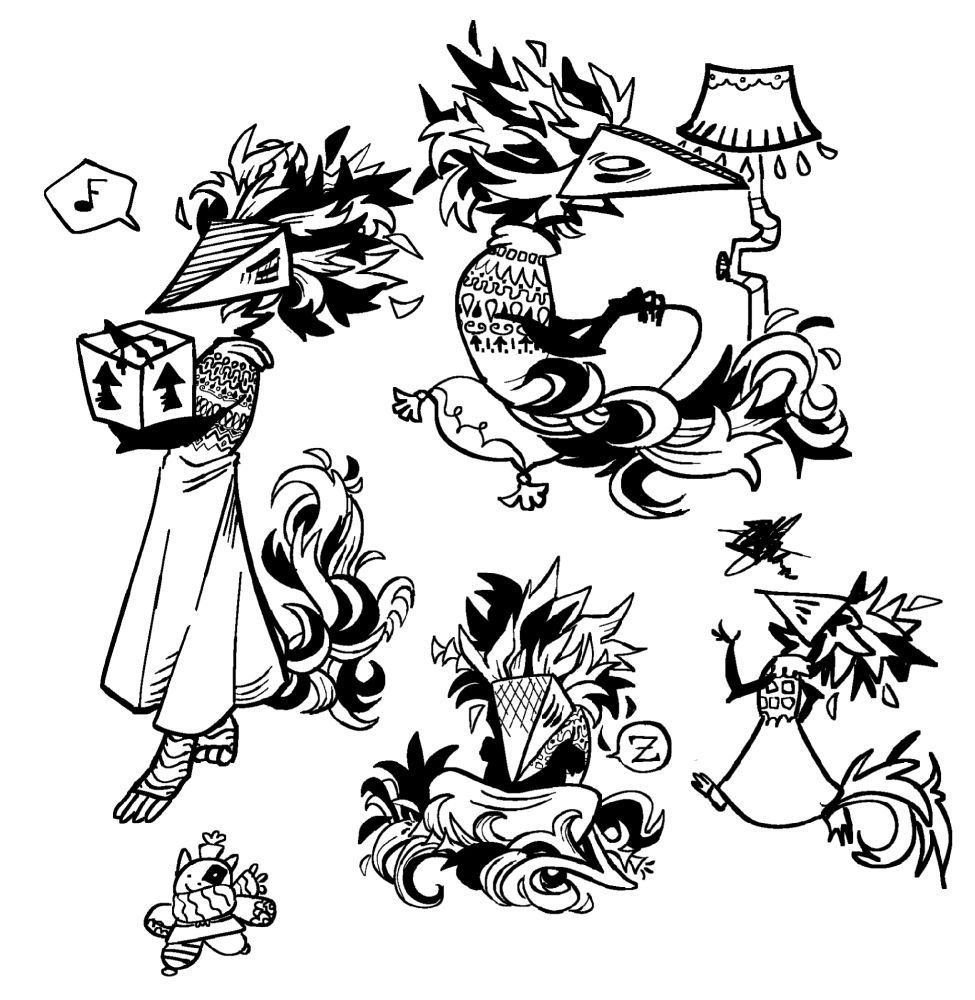 Multiple drawings of the same character- A biped with a wedge shaped head that has a wild two-toned mane and a swirling tail to match. My little chihuahua guy Cid is also here 
