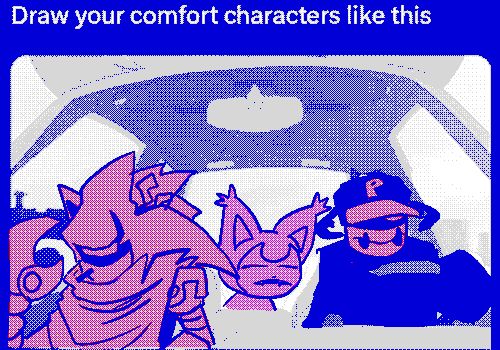 "draw your comfort characters like this" meme of Pest Regretevator, Mecha sonic, and Skitty looking disgruntled in a car. Pest is driving.