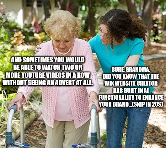 Grandma: And sometimes you would be able to watch two or more YouTube videos in a row without seeing an advert at all.

Carer: Sure, Grandma. Did you know that the Wix website creator has built-in AI functionality to enhance your brand...(skip in 20s)