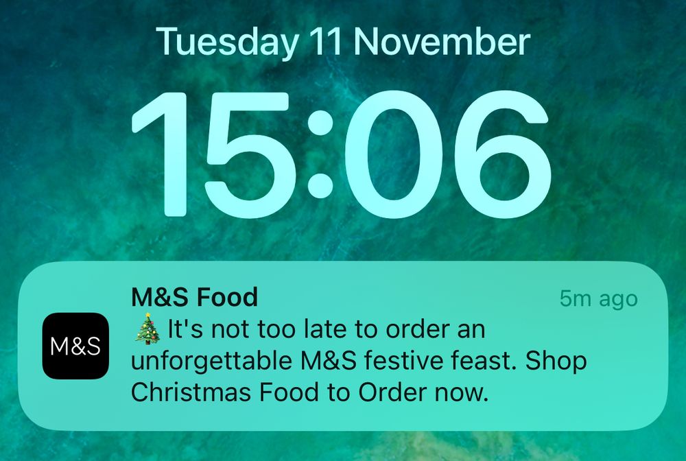 M&S reminding me that it’s not too late to order Christmas food from them. Although, in terms of income from gainful employment, I have missed the window by a couple of years.