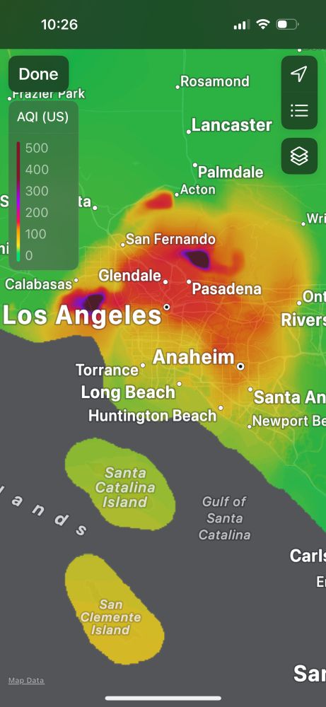 Air quality over Los Angeles, California at 10 pm on Thursday, 9-Jan-2025. From the iPhone Weather app. 