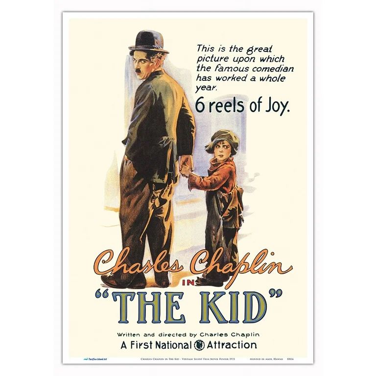 Movie poster:

Charles Chaplin
"THE KID"

This is the great picture upon which the famous comedian has worked a whole year.

6 reels of Joy.