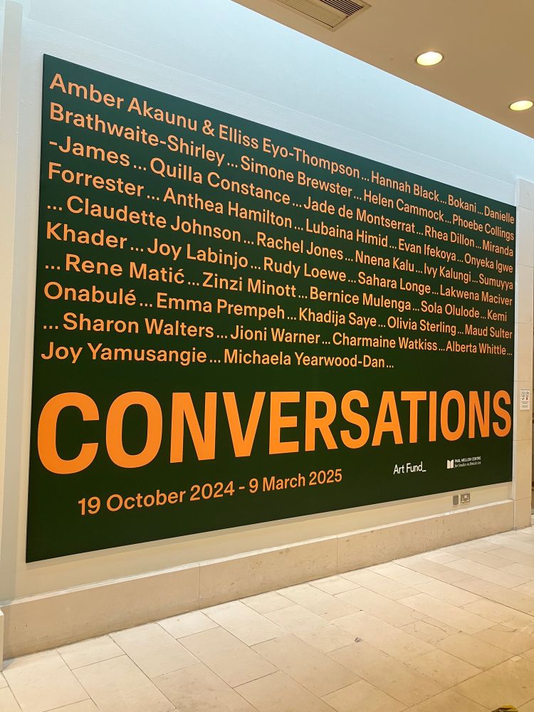 Banner for Conversations exhibition. Orange text on black background. Contains the names of all artists. 