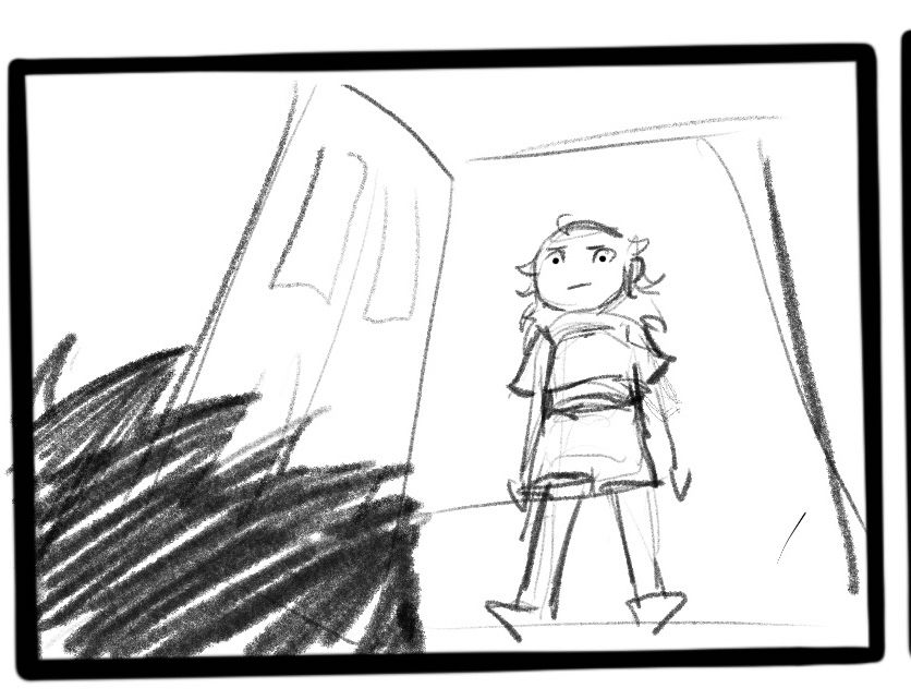 a sketchy comic panel of a poorly drawn version of myself entering a room in pajamas with an unamused expression