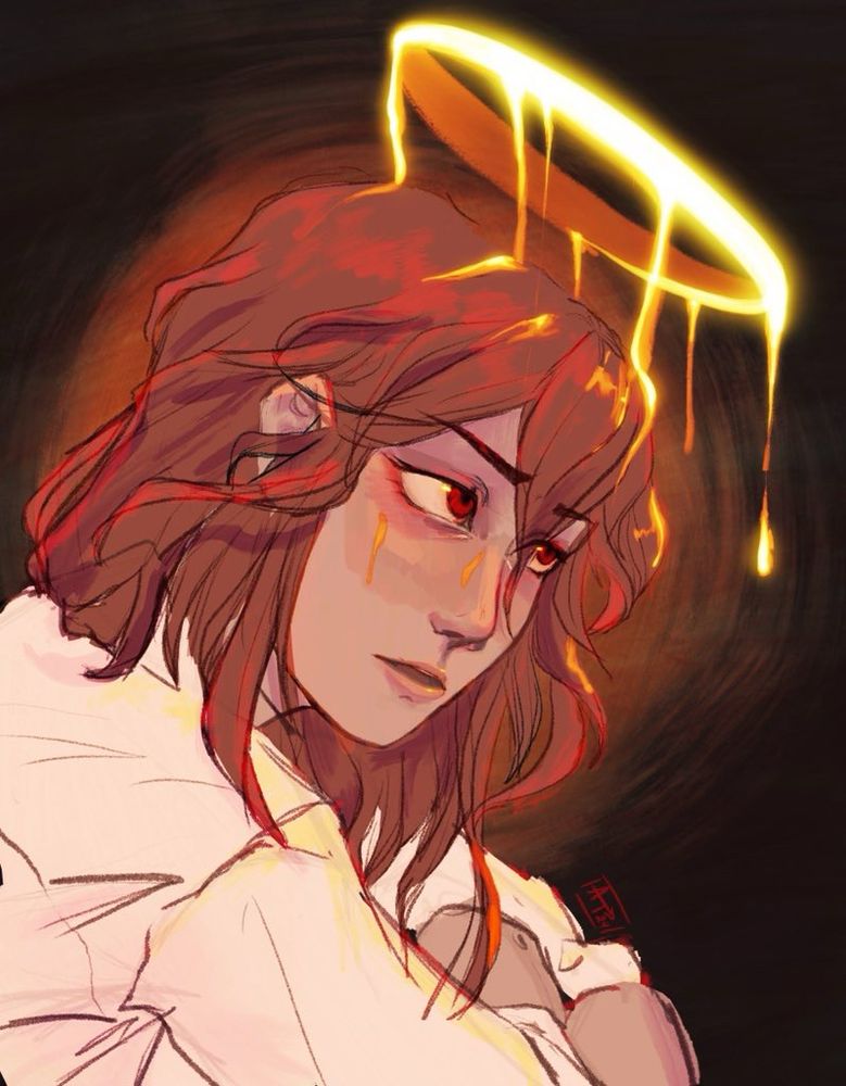 A digital artwork of the Angel Devil from Chainsaw man. he is looking up at his halo which is dripping gold