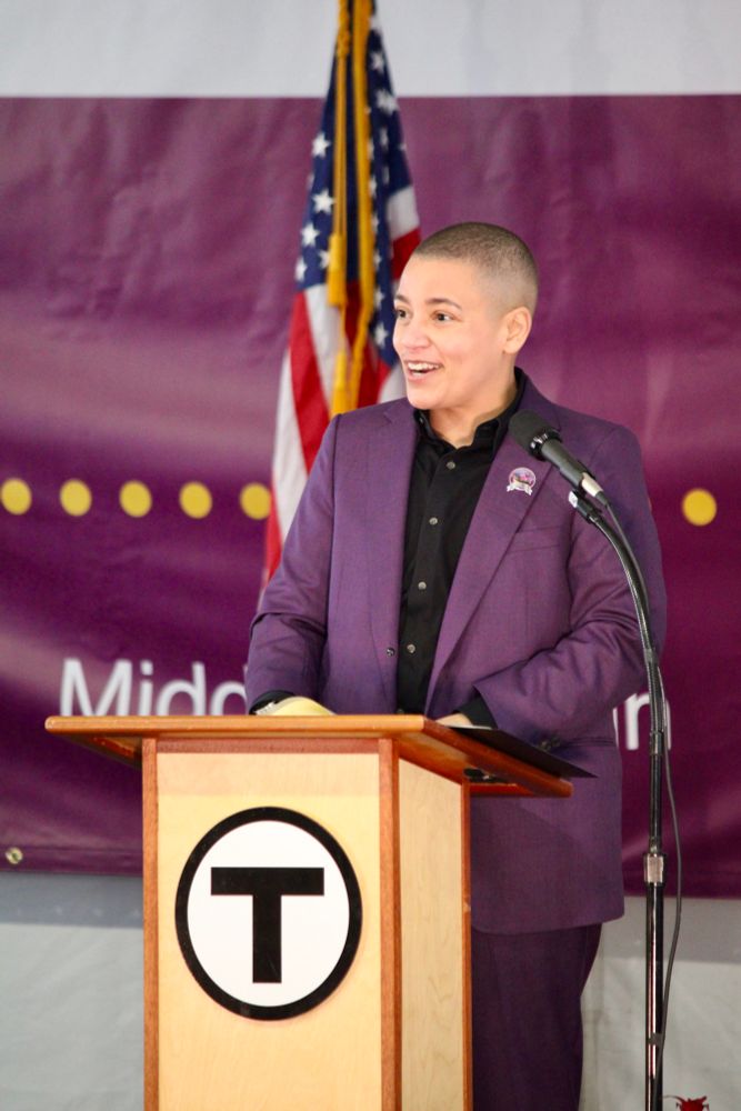 Secretary of MassDOT Monica Tibbits-Nutt giving a speech on the South Coast Rail
