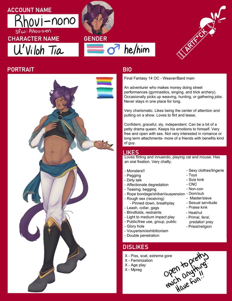 Art fuck info page for my FF14 OC U'Viloh Tia- a handsome male miqo'te with long purple hair. The sheet contains Bio info  along with likes and dislikes.