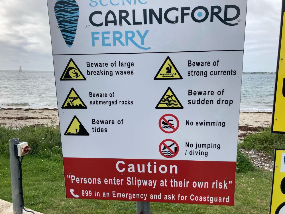 Lots of beware of this and that on this sign, but my question has to do with the only text (out of a lot of text) to be in quotation marks: “ Persons enter Slipway at their own risk.”