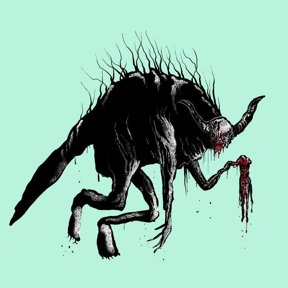 Illustration of a big, hunched-over monster with tail, horns and vaguely human face. It's holding a bloody, dead guy. 
