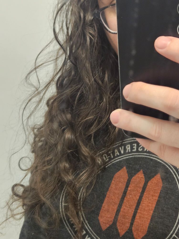my hair, and also a sliver of me in an old tshirt. my face is hidden with my phone on purpose; you can sew the corner of my glasses and a hint of eye. uhhh i'm a white brunette if you didn't know and care to, I don't know, this picture is here bc I can't confidently report what I'm looking at, hair wise