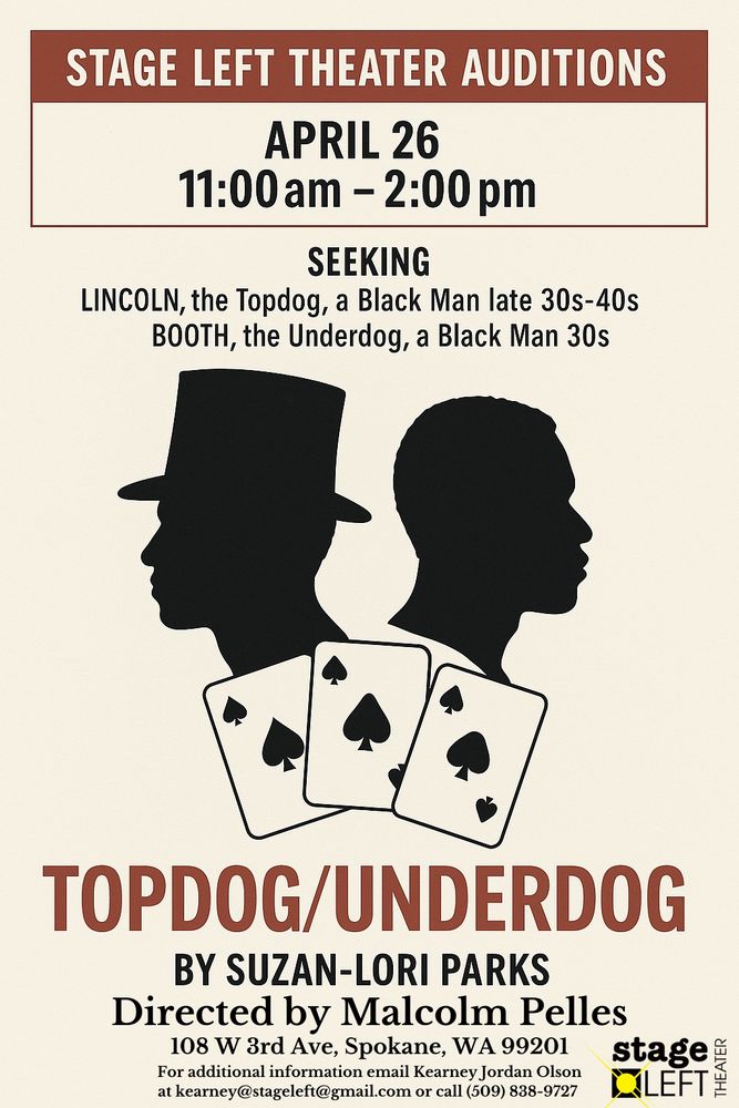 Flyer updating everyone on auditions for Topdog/Underdog. Written by Suzan-Lori Parks and directed by Malcolm Pelles at Srage Left theater. Date for audition is April 26th. 