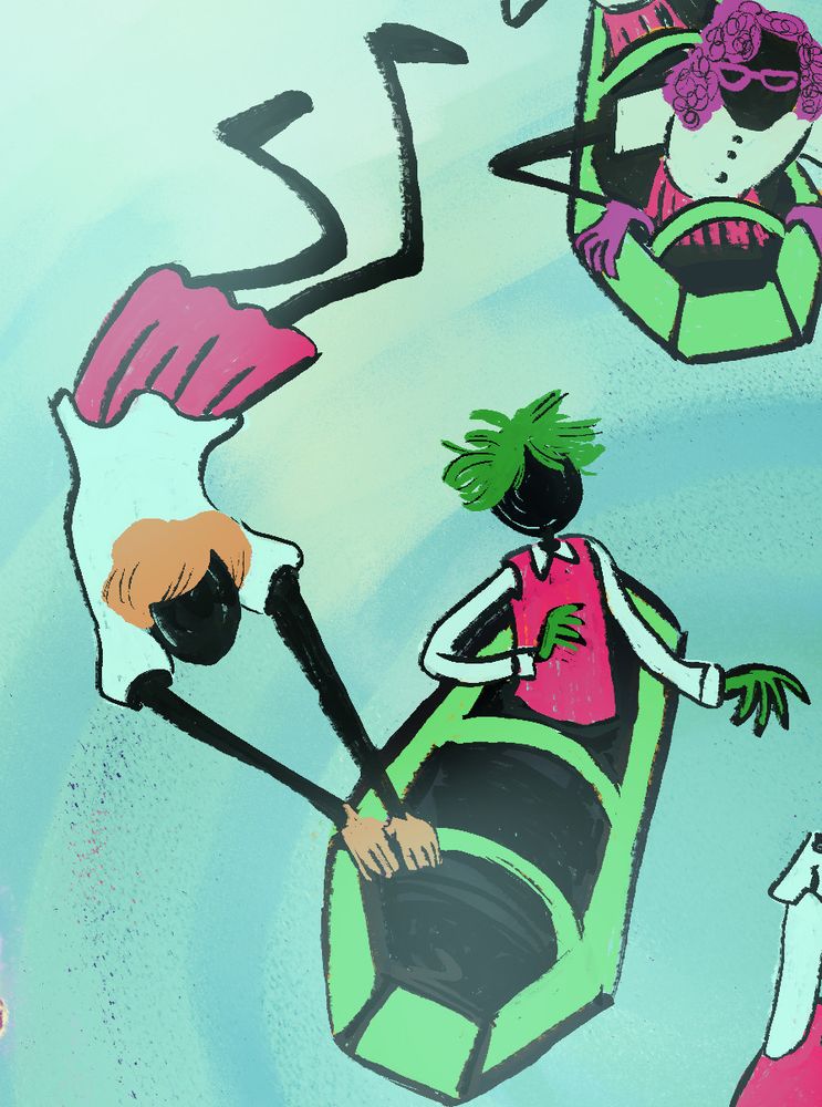 Constance Blackwood (red hair, white blouse, fuschia, skirt) struggles to hang on to her roller coaster car in freefall. Mischa Bachinski (green hair, fuschia vest, white shirt), in the seat behind hers, looks moderately surprised to be sailing through space.