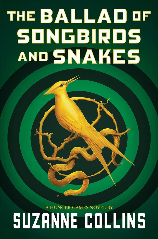Book cover with green and black circles with a golden bird and a golden snake entined around a circular branch in the middle