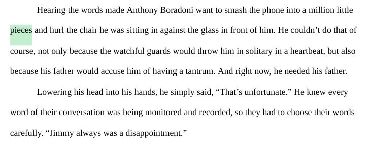 Text reading: Hearing the words made Anthony Boradoni want to smash the phone into a million little pieces and hurl the chair he was sitting in against the glass in front of him. He couldn’t do that of course, not only because the watchful guards would throw him in solitary in a heartbeat, but also because his father would accuse him of having a tantrum. And right now, he needed his father. 
Lowering his head into his hands, he simply said, “That’s unfortunate.” He knew every word of their conversation was being monitored and recorded, so they had to choose their words carefully. “Jimmy always was a disappointment.”
