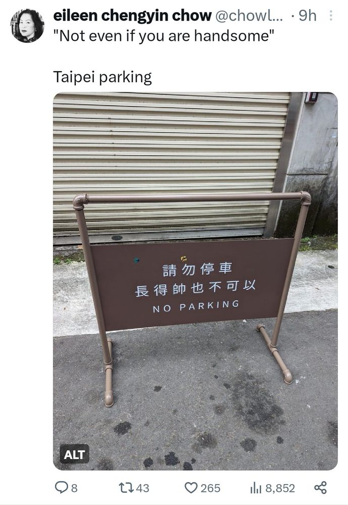 A photo of a no-parking sign in Taipei, it says 請勿停車, 長得帥也不可以 (No parking, not even if you are handsome" credit to @chowleen on X