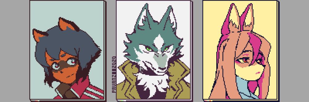 Pixel art portraits of Michiru Kagemori, Shirou Ogami and Nazuna Hiwatashi from the anime BNA