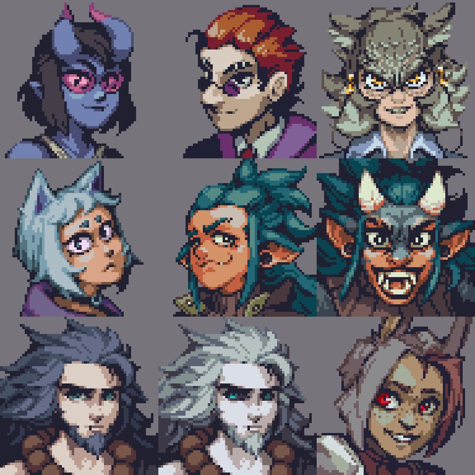 A grid of 9 pixel art portraits of various D&D player characters