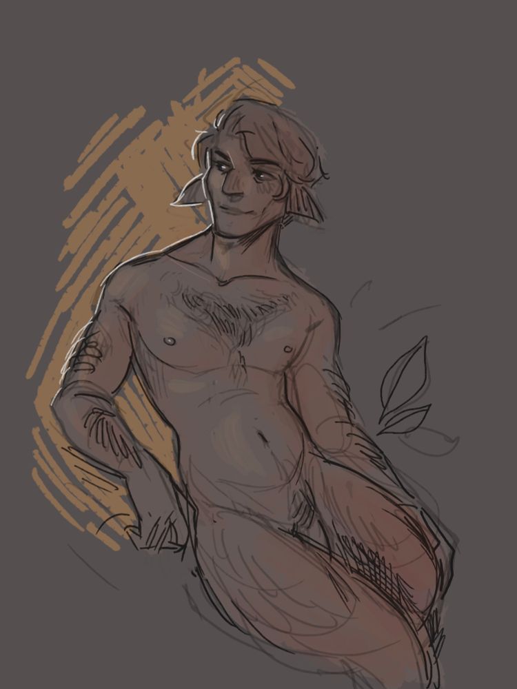Nude loose sketch of my satyr peace cleric Sandy, who is sitting nonchalantly and looking off to the side