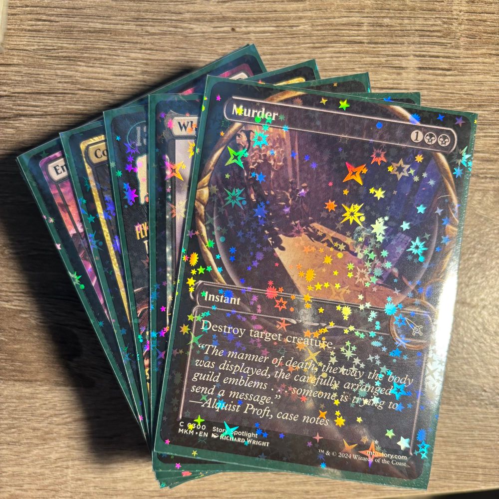 MTG cards in Prismatic Defender holographic sleeves