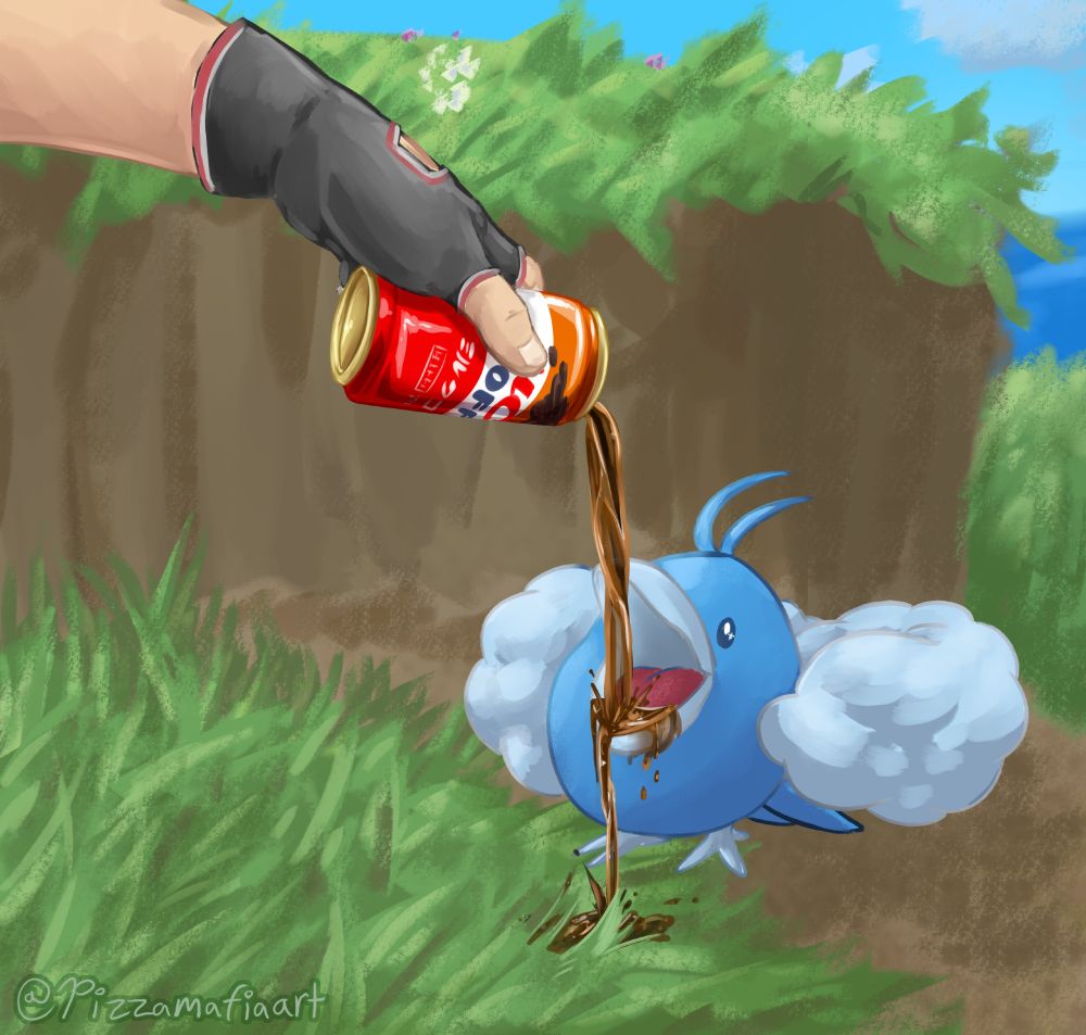a hand wearing fingerless gloves pours canned coffee into the bird pokemon, swablu's, mouth. The coffee is spilling out of the bird's beak and onto the ground.